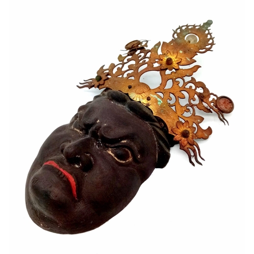 207 - Antique Muro Machi period Fudo Miyo mask with superb ornate gilt crown, detailed writing on the reve... 