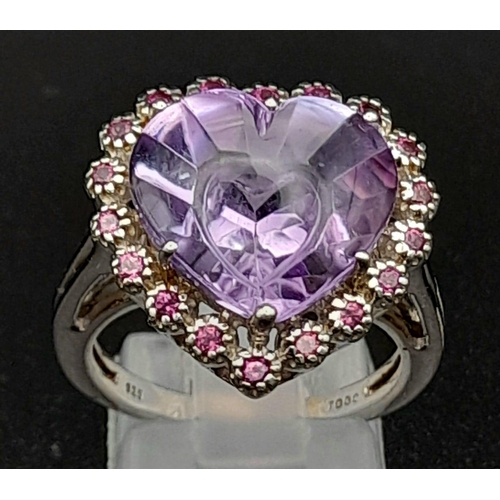 388 - Three 925 Silver Gemstone Rings. Heart-shaped amethyst, champagne quartz and pink topaz. All size N ... 