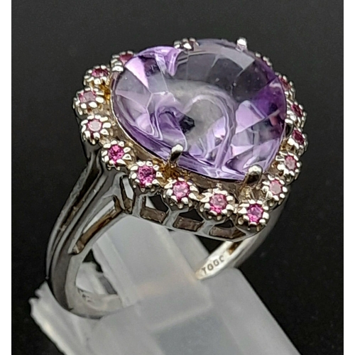 388 - Three 925 Silver Gemstone Rings. Heart-shaped amethyst, champagne quartz and pink topaz. All size N ... 