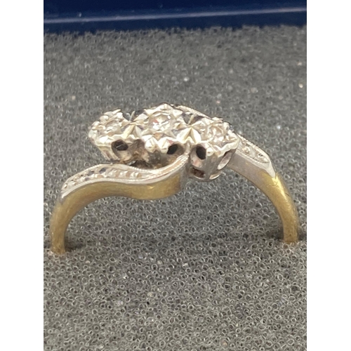 98 - Antique 18k GOLD and DIAMOND RING, Having DIAMONDS set  to top and mounted in PLATINUM  in crossover... 