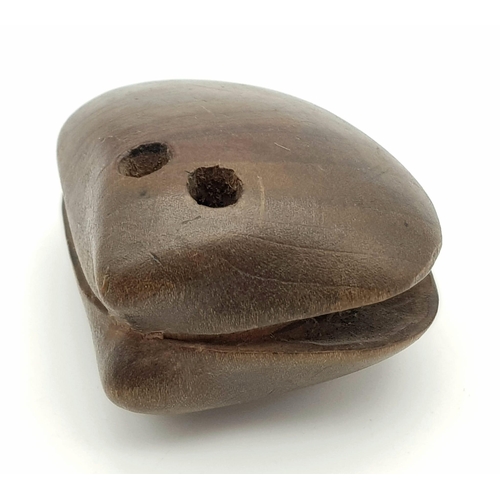 221 - Antique Meiji (1868-1912) Period, Wood Netsuke carving of a small house, set within a clam shell. In... 