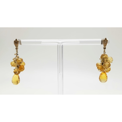 417 - A Pair of Antique Gold, Citrine, Seed Pearl and Diamond Earrings. 6.8g total weight. 4cm drop.