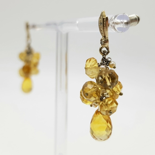 417 - A Pair of Antique Gold, Citrine, Seed Pearl and Diamond Earrings. 6.8g total weight. 4cm drop.