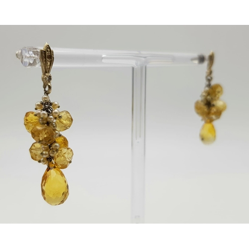 417 - A Pair of Antique Gold, Citrine, Seed Pearl and Diamond Earrings. 6.8g total weight. 4cm drop.