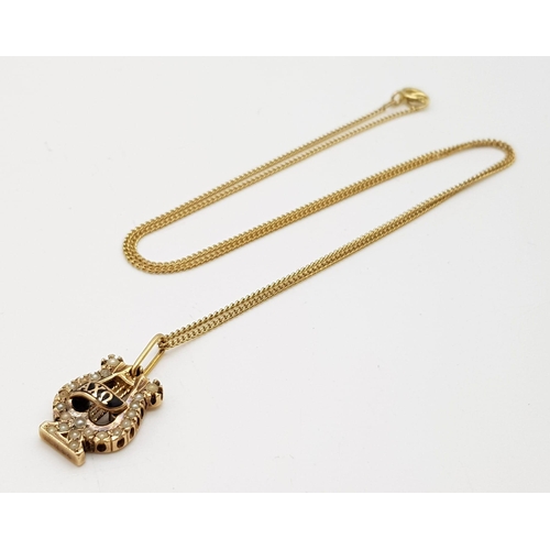 435 - A Vintage 10K Gold and Seed Pearl Alpha Chi Omega Fraternity Pendant on a 9K Yellow gold necklace. 4... 