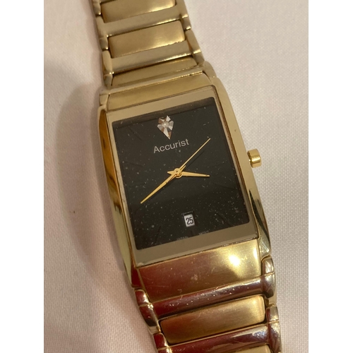 499 - ACCURIST WRISTWATCH MB 594B. Black face model with diamond point at 12. Golden digits and hands,  sw... 