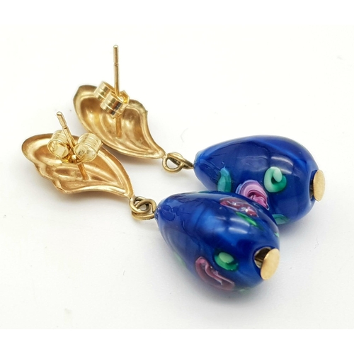 535 - A Vintage Fancy Pair of 9K Yellow Gold and Blue Decorated Enamel Teardrop Earrings. 4.13g total weig... 