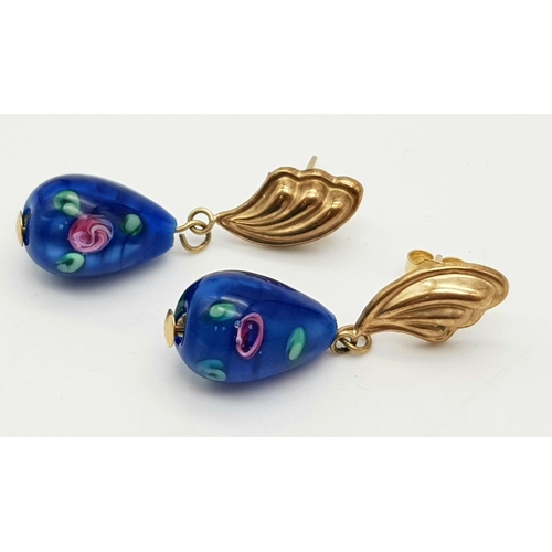 535 - A Vintage Fancy Pair of 9K Yellow Gold and Blue Decorated Enamel Teardrop Earrings. 4.13g total weig... 