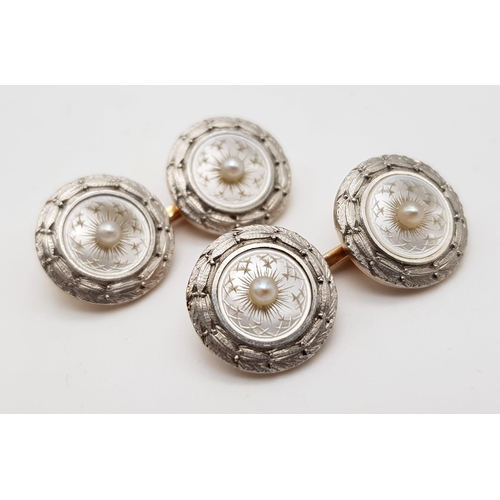 543 - A Pair of Antique 14K Rose Gold, Platinum and Seed Pearl Cufflinks. 12.54g total weight.