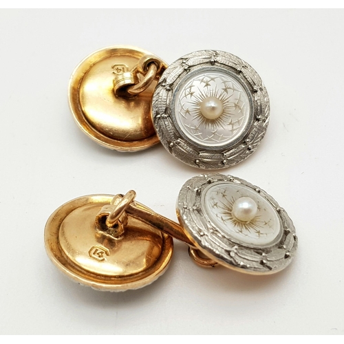 543 - A Pair of Antique 14K Rose Gold, Platinum and Seed Pearl Cufflinks. 12.54g total weight.