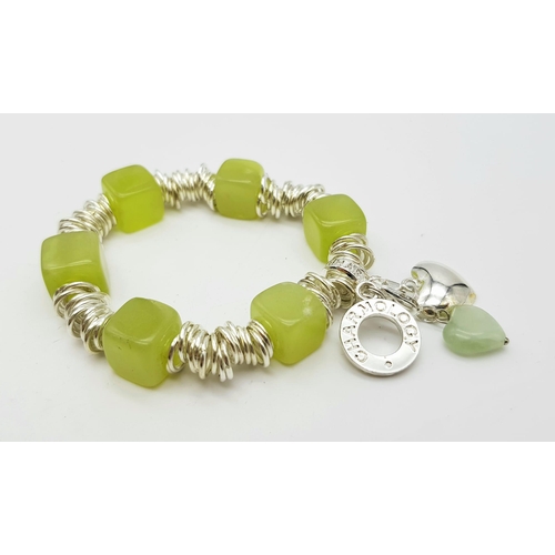 556 - A Jade and an Amethyst Square-Cut Gemstone Expandable Bracelet. Each with twin-heart decoration.