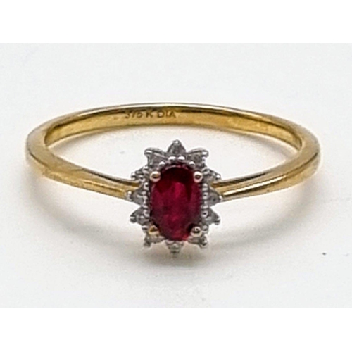 1111 - 9k yellow gold diamond and red stone cluster ring Size L 1.25g