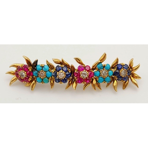 253 - A Beautifully Crafted Antique High Karat Gold, Ruby, Turquoise, Sapphire and Diamond Bar Pin/Brooch.... 