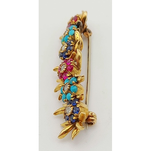 253 - A Beautifully Crafted Antique High Karat Gold, Ruby, Turquoise, Sapphire and Diamond Bar Pin/Brooch.... 