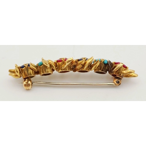 253 - A Beautifully Crafted Antique High Karat Gold, Ruby, Turquoise, Sapphire and Diamond Bar Pin/Brooch.... 