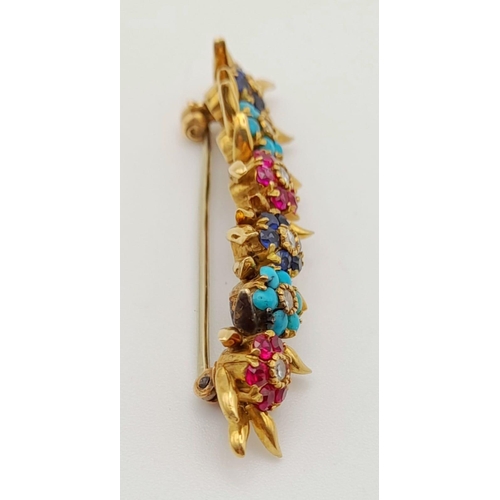 253 - A Beautifully Crafted Antique High Karat Gold, Ruby, Turquoise, Sapphire and Diamond Bar Pin/Brooch.... 