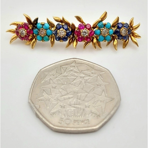 253 - A Beautifully Crafted Antique High Karat Gold, Ruby, Turquoise, Sapphire and Diamond Bar Pin/Brooch.... 