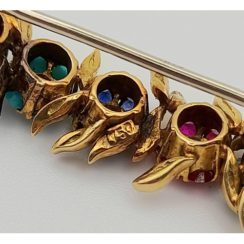 253 - A Beautifully Crafted Antique High Karat Gold, Ruby, Turquoise, Sapphire and Diamond Bar Pin/Brooch.... 