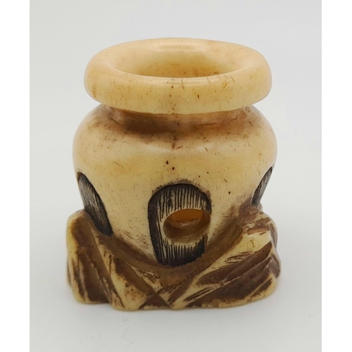 480 - Small Antique hand carved Netsuke of pot and drunken man carving made from sikka deer horn tip, circ... 