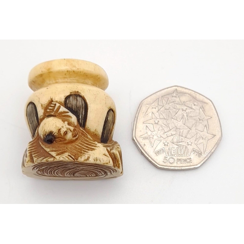 480 - Small Antique hand carved Netsuke of pot and drunken man carving made from sikka deer horn tip, circ... 