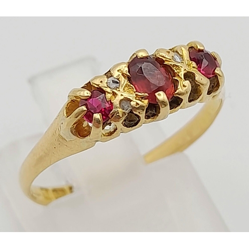 101 - 18k Yellow Gold Antique Edwardian Diamond and Ruby Ring. Hallmarked Chester 1902. Size O, weighs 2.2... 