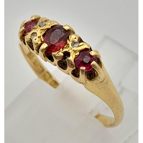 101 - 18k Yellow Gold Antique Edwardian Diamond and Ruby Ring. Hallmarked Chester 1902. Size O, weighs 2.2... 