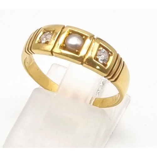 185 - 18k Yellow Gold Diamond and Pearl 3 stone Ring.
Size O, weighs 3.87g