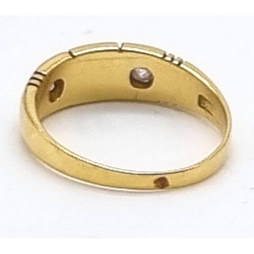 185 - 18k Yellow Gold Diamond and Pearl 3 stone Ring.
Size O, weighs 3.87g