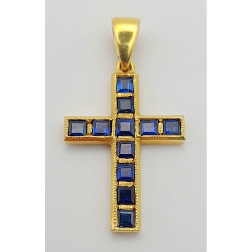 393 - 18k Yellow Gold Sapphire Set Cross. 3.7g