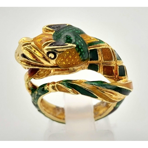 71 - 18k Yellow Gold Enamelled Snake Ring. Size K, weighs 11.4g in total.