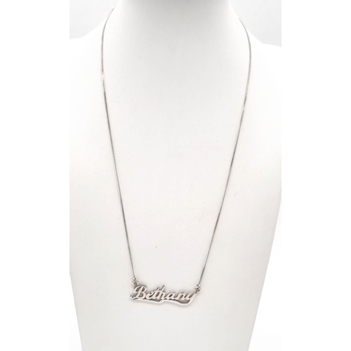 194 - An 9K White Gold Necklace with Bethany Name Plate. Length: 49cm. Weight: 5.62g