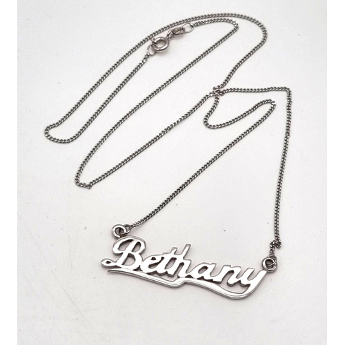 194 - An 9K White Gold Necklace with Bethany Name Plate. Length: 49cm. Weight: 5.62g