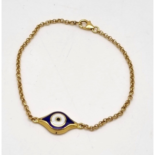 381 - 18k Yellow Gold Evil Eye Bracelet. Weighs 3.6g