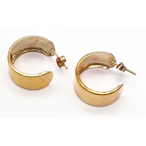 395 - 9k yellow gold 10mm wide hoop earrings, weighs 3.9g