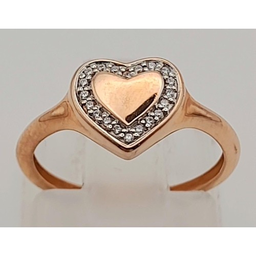 1104 - 9k rose gold diamond heart signet ring 
Size G 1.1g (0.15ct diamonds)