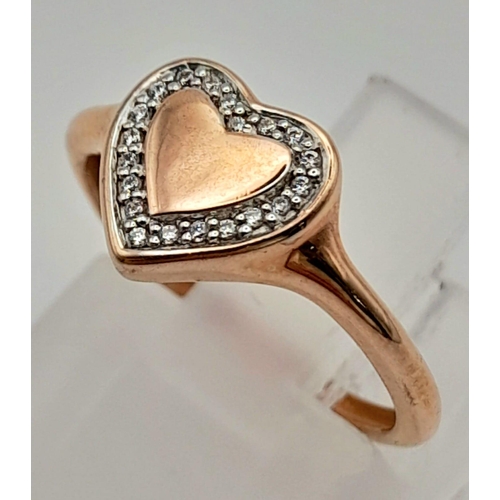 1104 - 9k rose gold diamond heart signet ring 
Size G 1.1g (0.15ct diamonds)