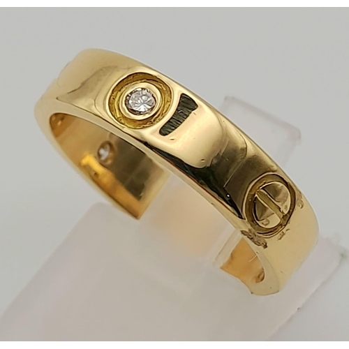 197 - 18k yellow gold Cartier style diamond 4mm wide band ring Size P, weighs 6.45g (0.15ct diamonds)