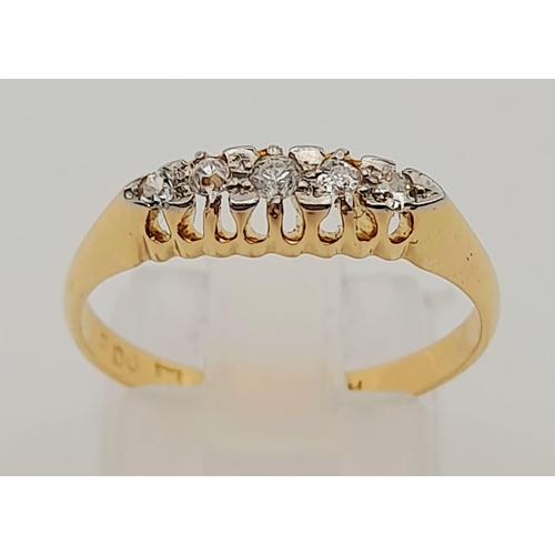 211 - 18k yellow gold 5 stone ring 
Size O, weighs 2.78g (0.12ct diamonds)