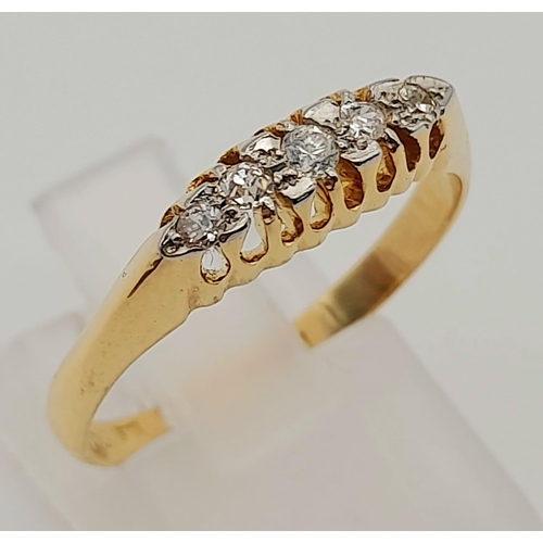 211 - 18k yellow gold 5 stone ring 
Size O, weighs 2.78g (0.12ct diamonds)