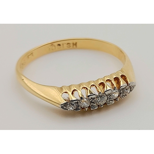 211 - 18k yellow gold 5 stone ring 
Size O, weighs 2.78g (0.12ct diamonds)