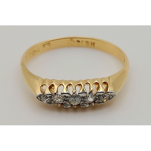 211 - 18k yellow gold 5 stone ring 
Size O, weighs 2.78g (0.12ct diamonds)