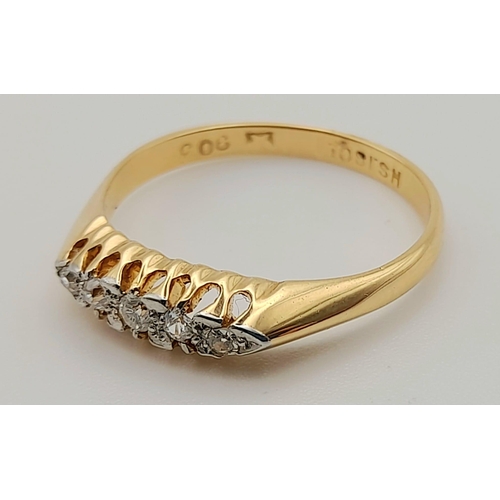 211 - 18k yellow gold 5 stone ring 
Size O, weighs 2.78g (0.12ct diamonds)