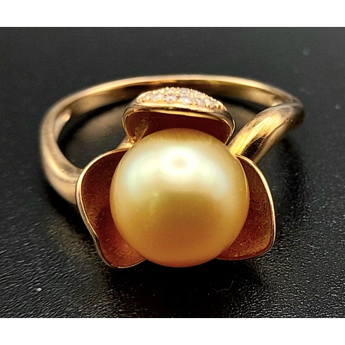 264 - 18K ROSE GOLD, DIAMOND AND YELLOW AKOYA PEARL RING, WEIGHS 3.5G,  SIZE O