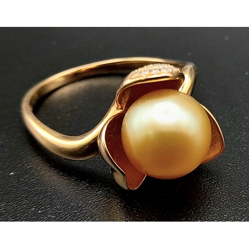 264 - 18K ROSE GOLD, DIAMOND AND YELLOW AKOYA PEARL RING, WEIGHS 3.5G,  SIZE O