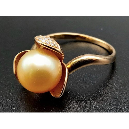 264 - 18K ROSE GOLD, DIAMOND AND YELLOW AKOYA PEARL RING, WEIGHS 3.5G,  SIZE O