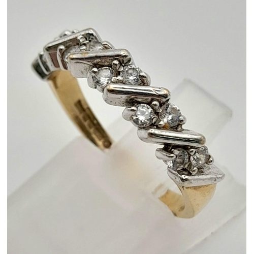 409 - 9k yellow gold double row CZ half eternity style ring Size O 2.84g