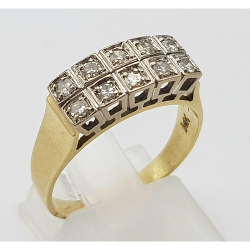 147 - A 14K Yellow Gold Two Rows Diamond Ring. With 10 Bright White Diamonds 0.30CT. Size O. Weight: 3.55g
