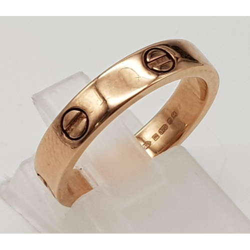 218 - 9k rose gold Cartier style 4mm wide band ring 
Size L 3.74g