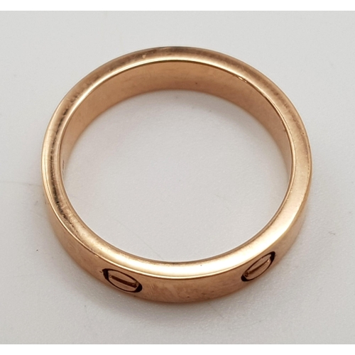 218 - 9k rose gold Cartier style 4mm wide band ring 
Size L 3.74g