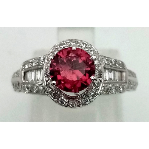 143 - 18K White Gold DIAMOND & RED STONE RING 0.50CT Diamond, weighs 3.8G,  SIZE L